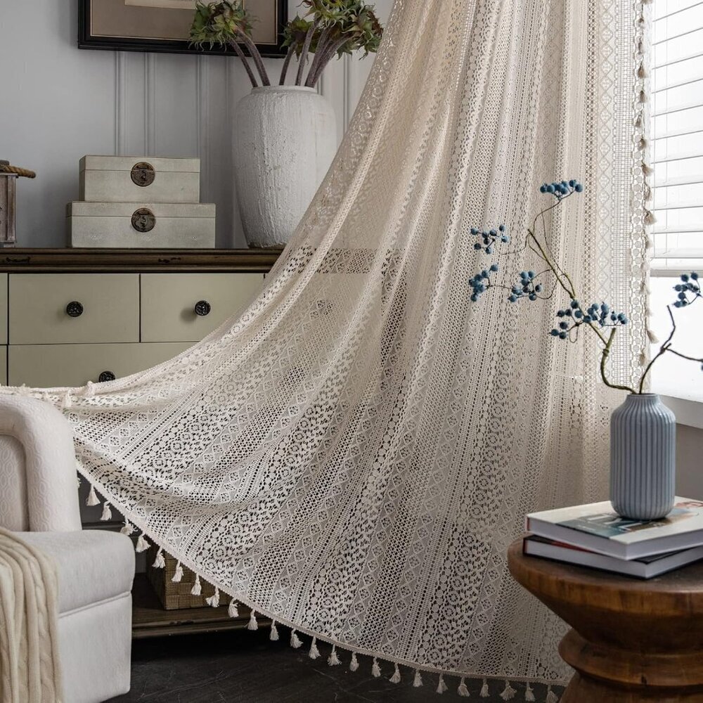 Boho Curtains Crochet Lace Semi-Sheer Bohemian Hollow Knitted Handmade